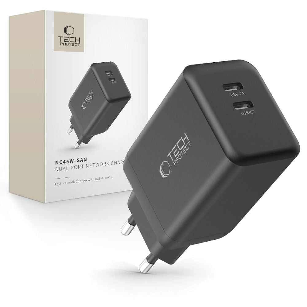 Caricabatterie di rete Tech-Protect NC45W, 45W, 3A, 2 x USB-C, nero 