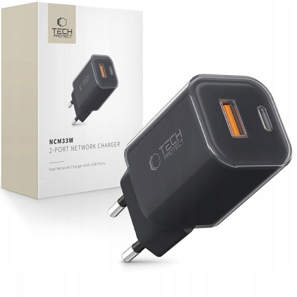 Caricabatterie Rete Tech-Protect NCM33W, 33W, 3A, 1 x USB-A - 1 x USB-C, Nero