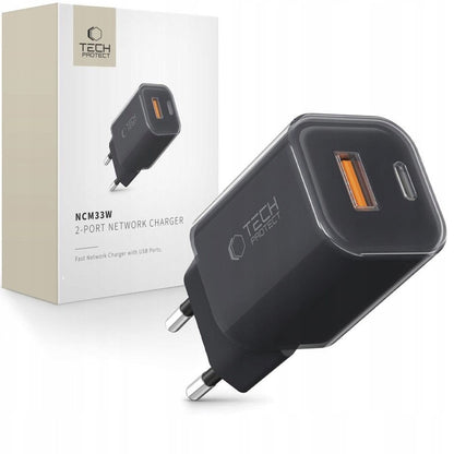 Caricabatterie Rete Tech-Protect NCM33W, 33W, 3A, 1 x USB-A - 1 x USB-C, Nero