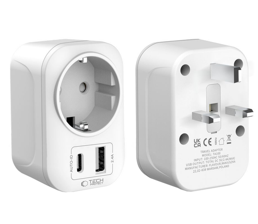 Caricabatterie Retea Tech-Protect TA100 Travel UK, 20W, 3A, 1 x Schuko - 1 x USB-A - 1 x USB-C, Bianco