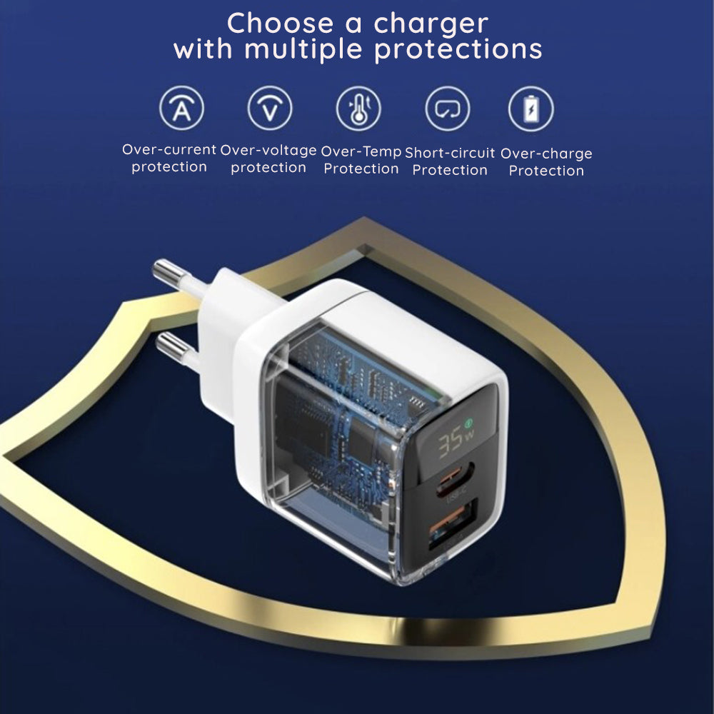 Caricabatterie Rete Techsuit CH3 LEDChargX Display, 35W, 3A, 1 x USB-A - 1 x USB-C, Bianco
