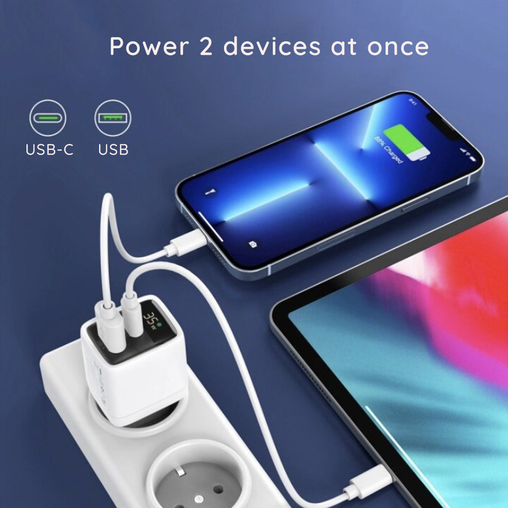 Caricabatterie Rete Techsuit CH3 LEDChargX Display, 35W, 3A, 1 x USB-A - 1 x USB-C, Bianco
