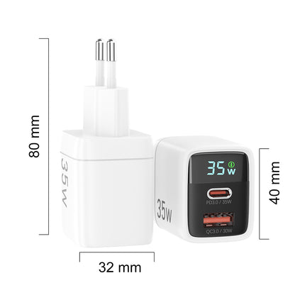 Caricabatterie Rete Techsuit CH3 LEDChargX Display, 35W, 3A, 1 x USB-A - 1 x USB-C, Bianco