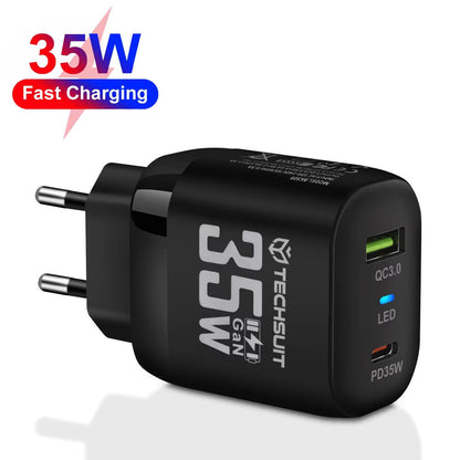 Caricabatterie Rete Techsuit CHPD174, 35W, 3A, 1 x USB-A - 1 x USB-C, Nero