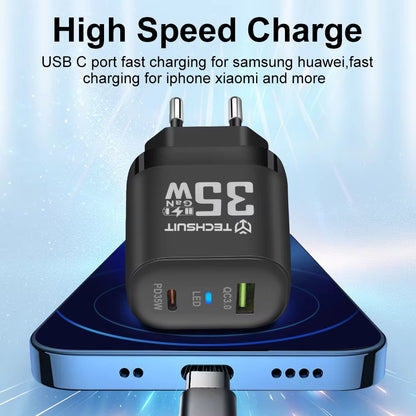 Caricabatterie Rete Techsuit CHPD174, 35W, 3A, 1 x USB-A - 1 x USB-C, Nero