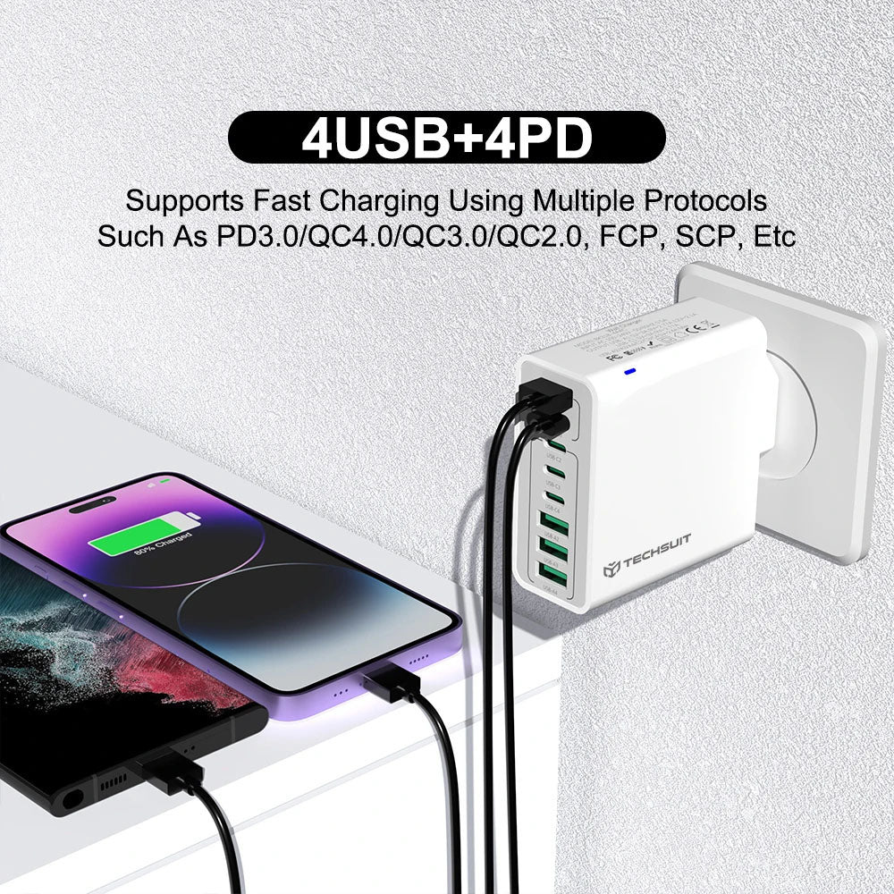 Caricabatterie Retea Techsuit CHPD224, 65W, 3.25A, 4 x USB-A - 4 x USB-C, Bianco