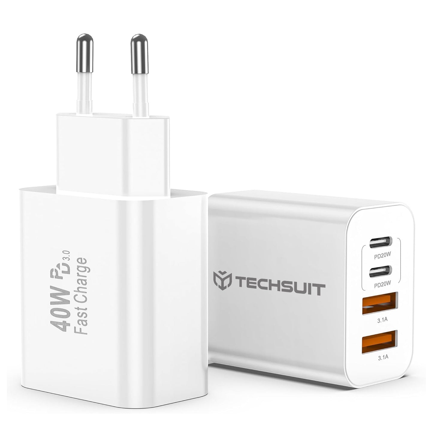 Caricabatterie Retea Techsuit PowerXQuad CH4, 40W, 3A, 2 x USB-A - 2 x USB-C, Bianco