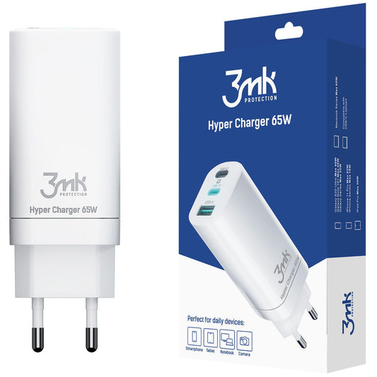 Caricatore da rete 3MK HyperCharger, 65W, 5A, 1 x USB-A - 2 x USB-C, Bianco