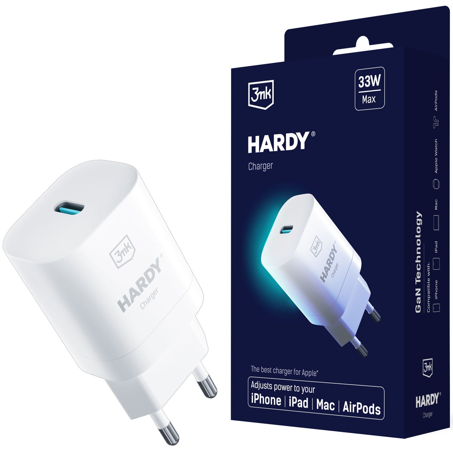 Caricabatterie di rete 3MK Hardy GaN, 33W, 3A, 1 x USB-C, bianco