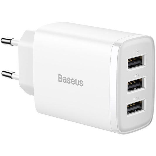 Caricatore di rete compatto Baseus 3U, 17W, 2,1A, 3 x USB-A, bianco CCXJ020102