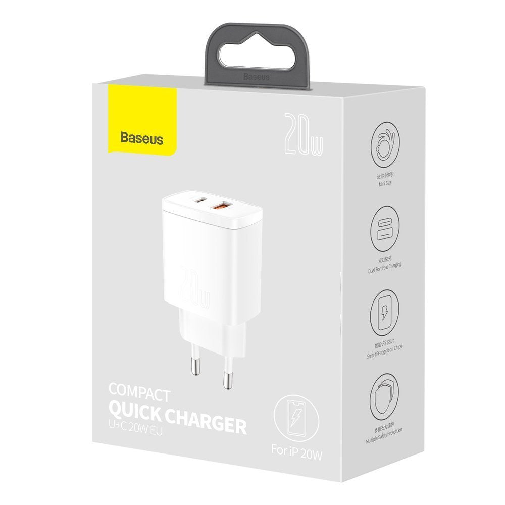 Caricatore di rete compatto Baseus, 20W, 3A, 1 x USB-A - 1 x USB-C, bianco CCXJ-B02