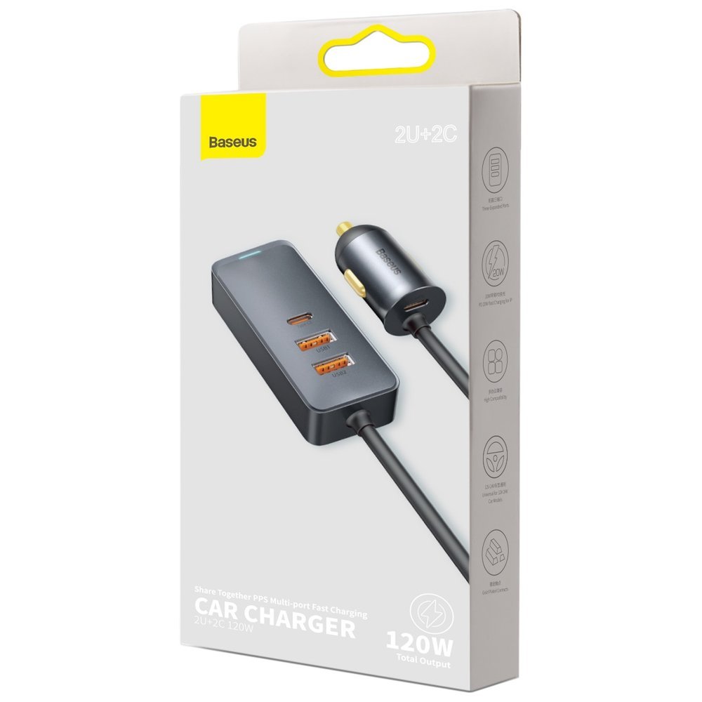 Caricabatterie da auto Baseus Share Together, 120W, 3A, 2 x USB-A - 2 x USB-C, grigio CCBT-A0G