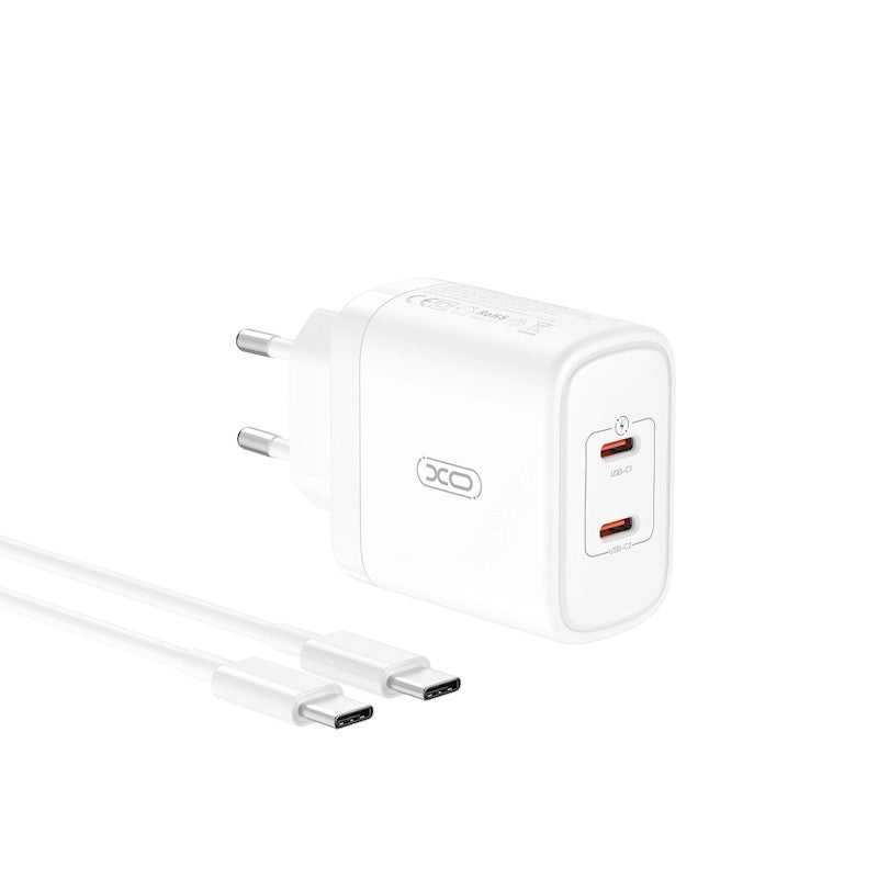 Caricatore di rete con cavo USB-C XO Design CE08, 50W, 3A, 2 x USB-C, bianco