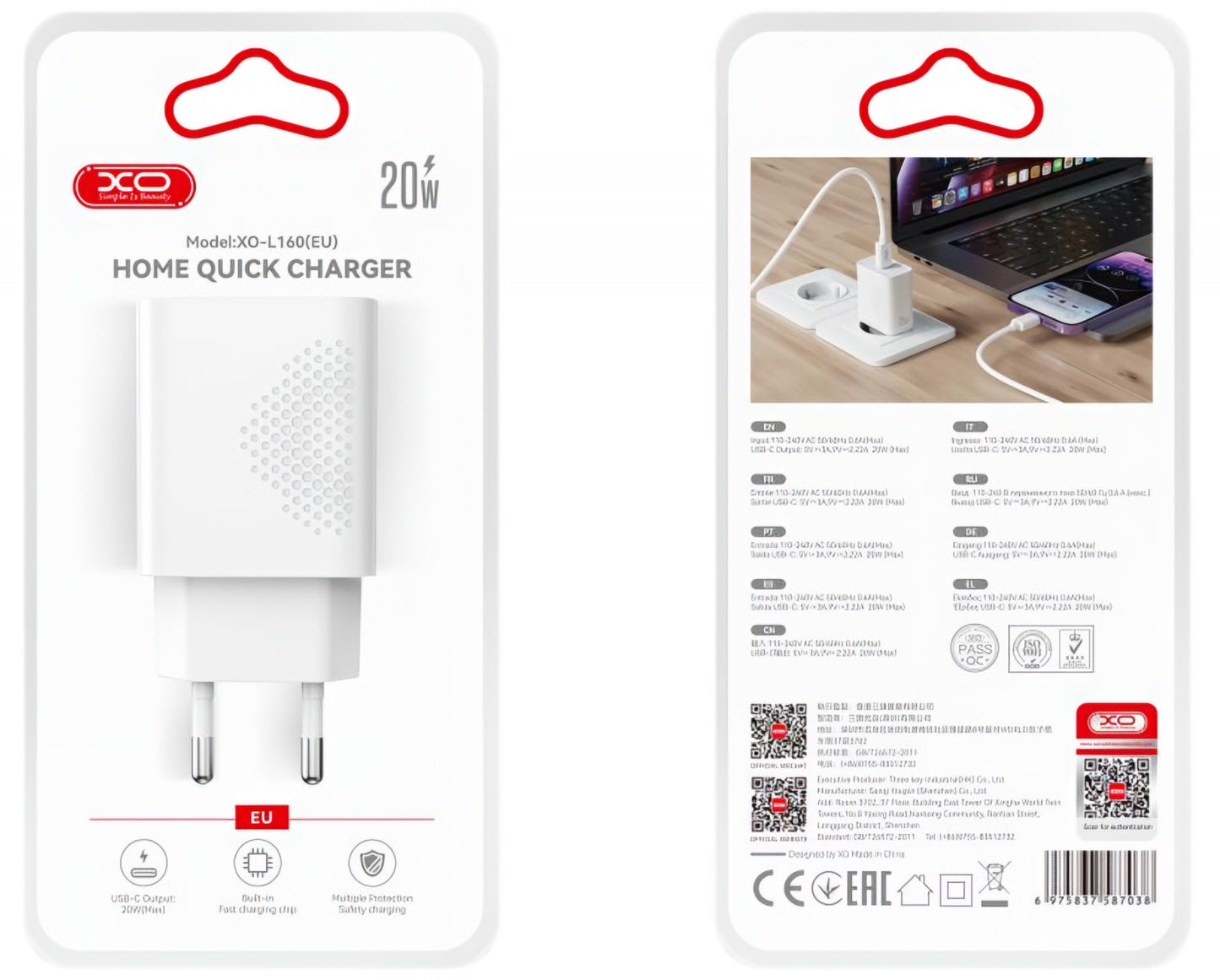 Caricabatterie Rete USB-C XO Design L160, 20W, 3A, 1 x USB-C, Bianco