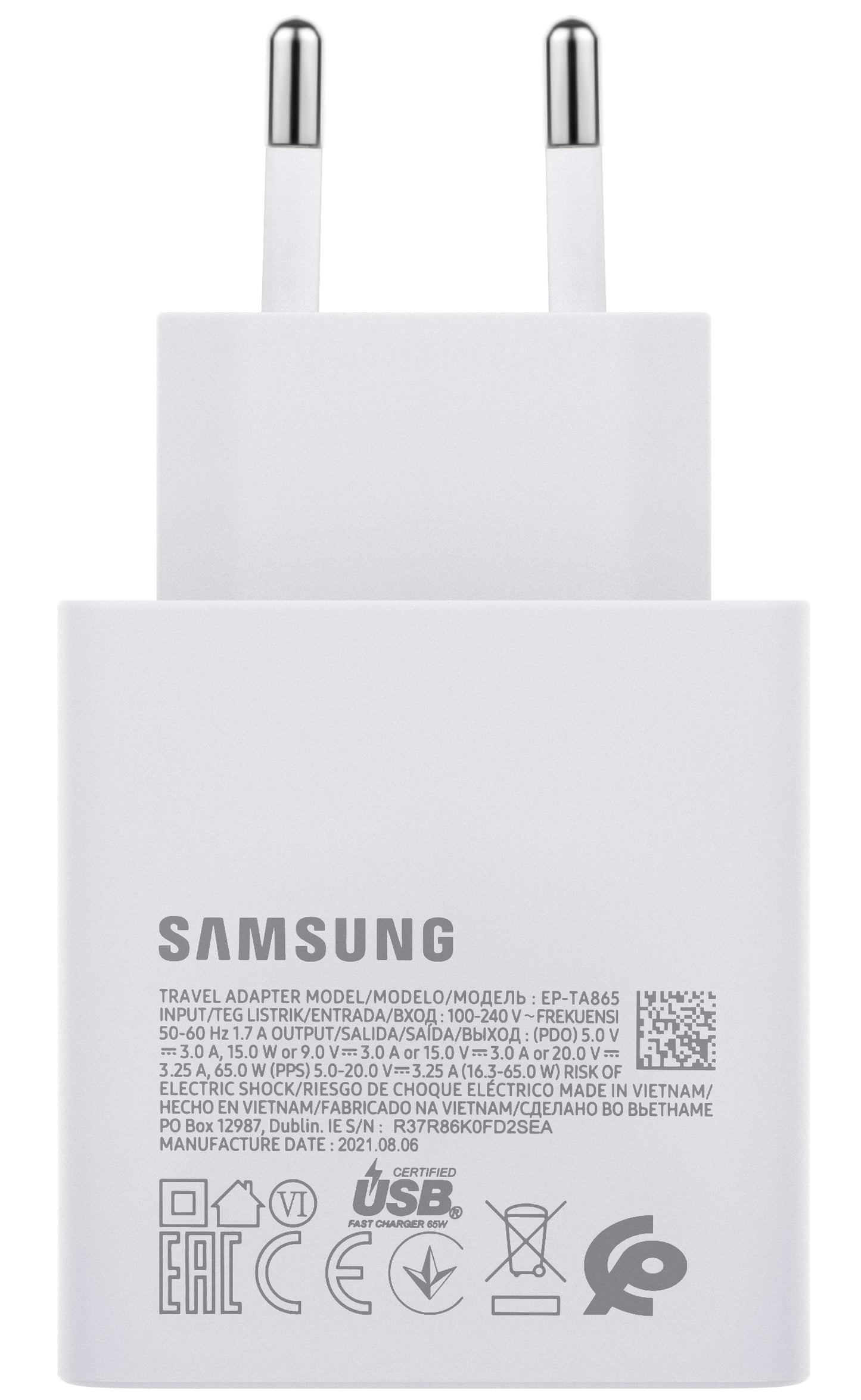 Caricabatterie di rete Samsung EP-TA865W, 65W, 3,25A, 1 x USB-C, bianco GP-PTU020SODWQ GP-PTU020SODWQ