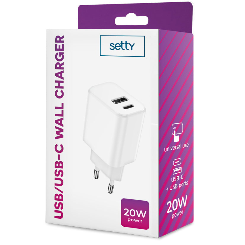 Caricatore di rete Setty, 20W, 3A, 1 x USB-A - 1 x USB-C, bianco