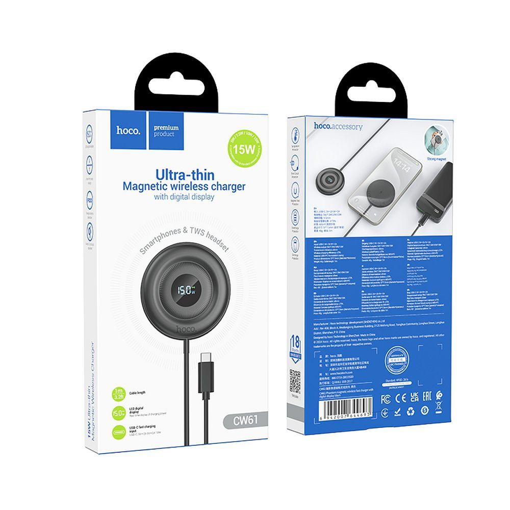 Caricabatterie Wireless HOCO CW61, 15W, 1.67A, Nero