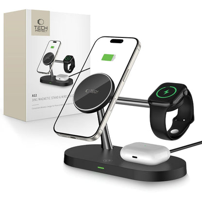 Caricatore Wireless Tech-Protect A12 3in1, 15W, 1.67A, Nero