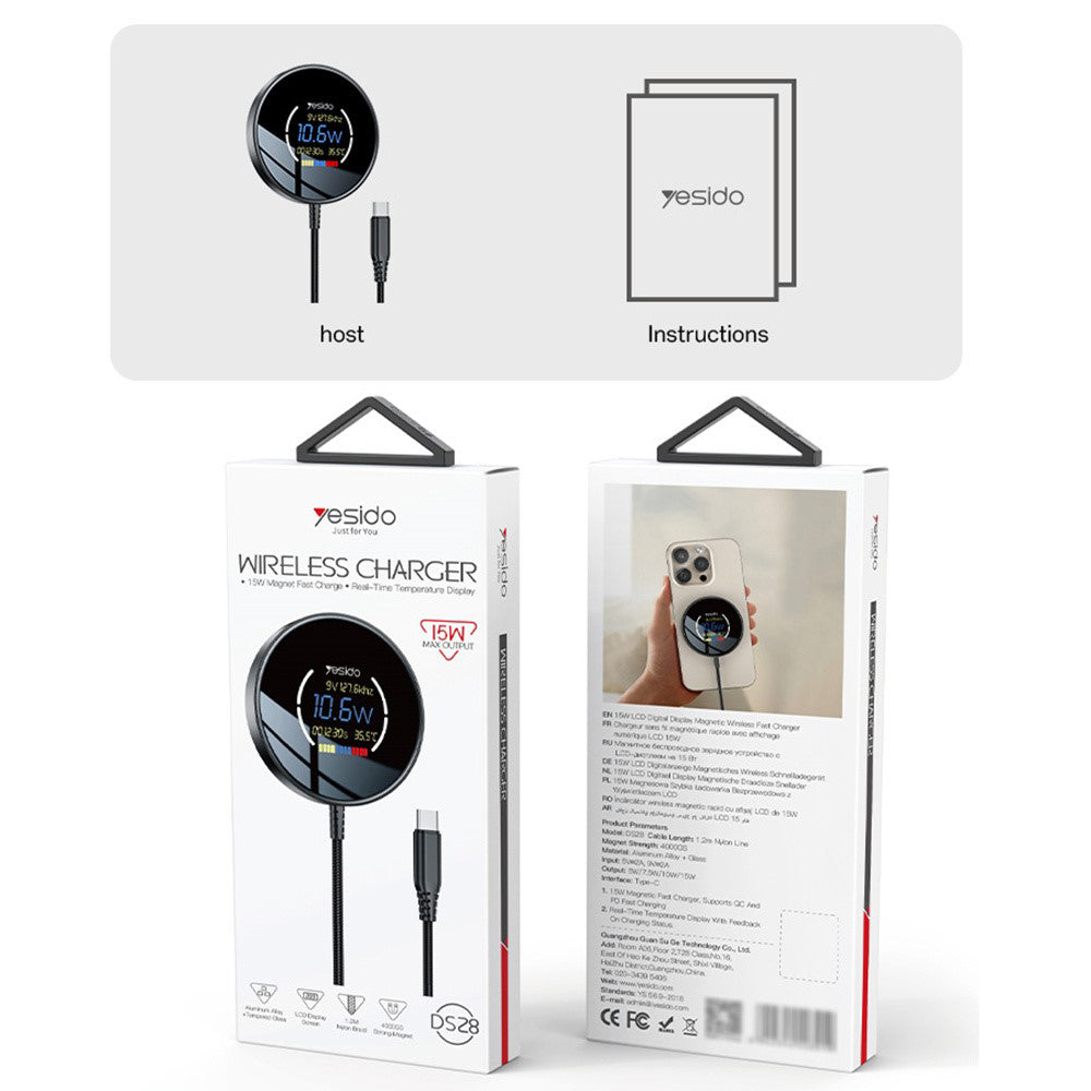 Caricabatterie Wireless Yesido DS28 Display, 15W, 1.67A, Nero