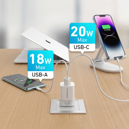 Caricabatterie da Rete WZK WWCEAC, 33W, 3A, 1 x USB-A - 1 x USB-C, Bianco