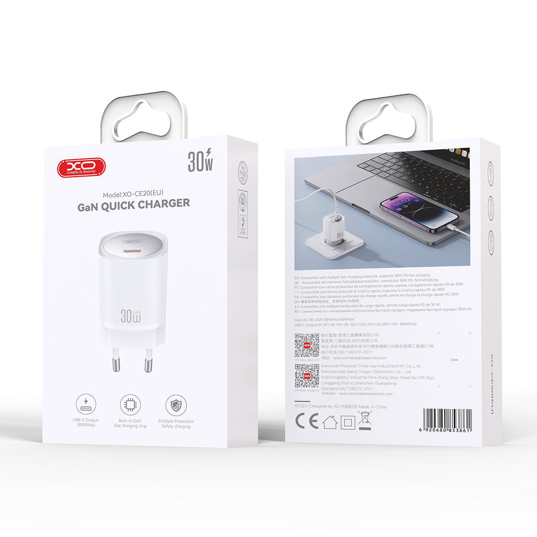 Caricabatterie di rete XO Design CE20, 30W, 3A, 1 x USB-C, bianco 