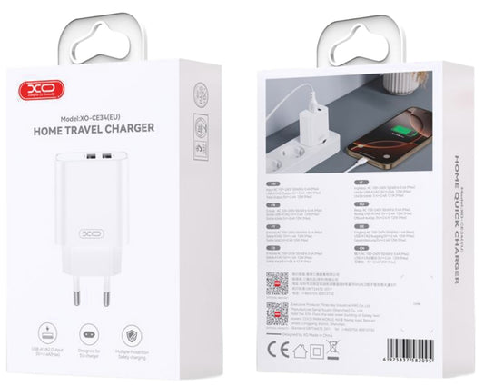 XO Design CE34 Network Charger, 12W, 2.4A, 2 x USB-A, White