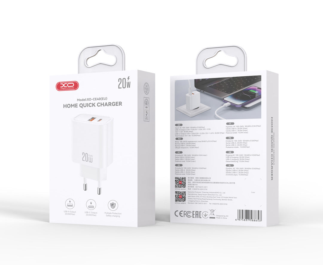 Caricatore da rete XO Design CE40, 20W, 3A, 1 x USB-A - 1 x USB-C, Bianco