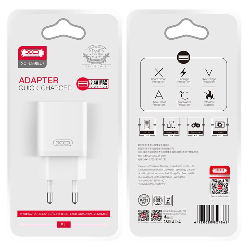 Caricabatterie Rete XO Design L99, 12W, 2.4A, 1 x USB-A, Bianco