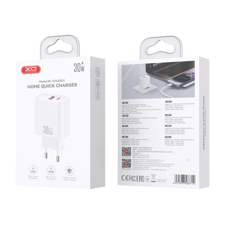 Caricatore da rete XO Design CE42, 30W, 3A, 1 x USB-A - 1 x USB-C, Bianco