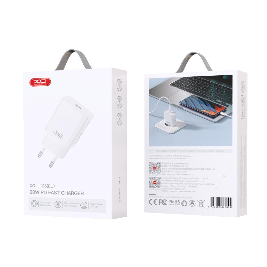 Caricabatterie Rete XO Design L126, 20W, 3A, 1 x USB-C, Bianco