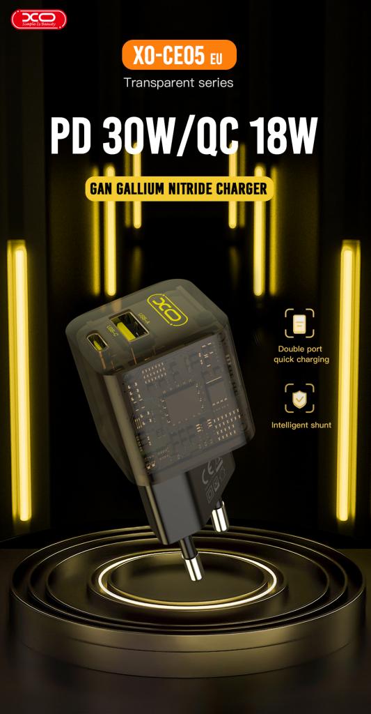 XO Design CE05 Network Charger, 30W, 3A, 1 x USB-A - 1 x USB-C, Brown