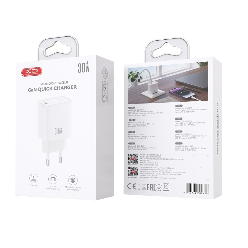 XO Design CE53 Mains Charger, 30W, 3A, 1 x USB-C, White