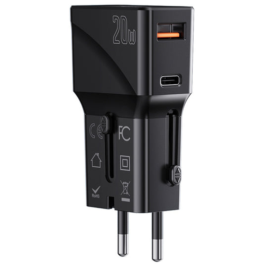 Caricabatterie di rete Yesido MC17 Travel, 20W, 3A, 1 x USB-A - 1 x USB-C, nero 