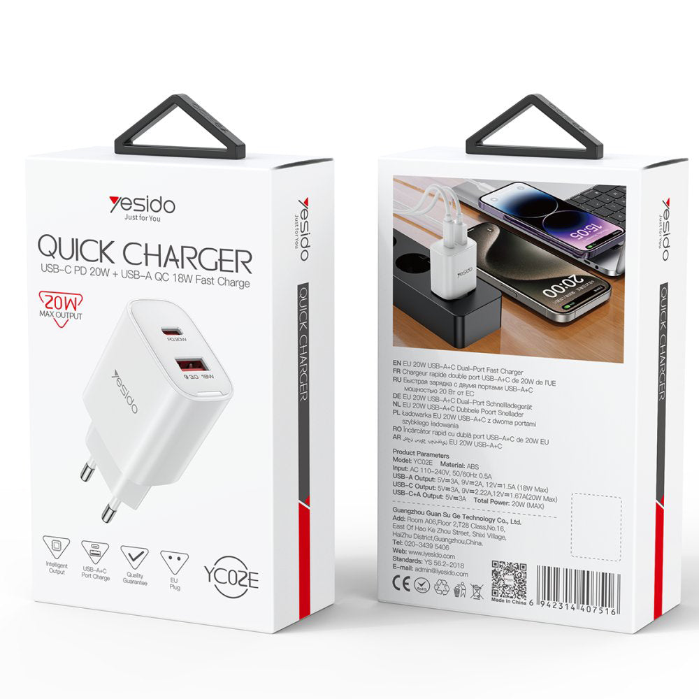 Caricabatterie Rete Yesido YC02E, 20W, 3A, 1 x USB-A - 1 x USB-C, Bianco