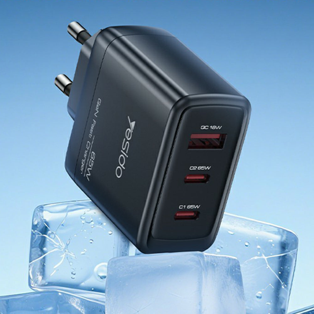 Caricabatterie Rete Yesido YC144, 65W, 3.25A, 1 x USB-A - 2 x USB-C, Nero