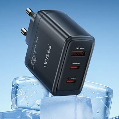 Caricabatterie Rete Yesido YC144, 65W, 3.25A, 1 x USB-A - 2 x USB-C, Nero
