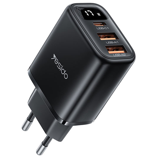 Caricabatterie Rete Yesido YC67 Display, 17W, 2.4A, 2 x USB-A - 1 x USB-C, Nero