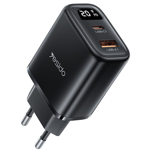 Caricabatterie Rete Yesido YC68, Display 20W, 3A, 1 x USB-A - 1 x USB-C, Nero