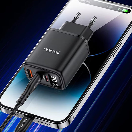 Caricabatterie Rete Yesido YC69 Display, 30W, 3A, 1 x USB-A - 2 x USB-C, Nero