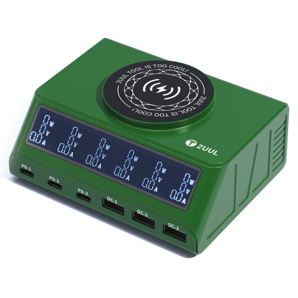 Caricatore Stazione 2UUL PC11 QI, 110W, 3A, 3 x USB-A - 3 x USB-C, Verde