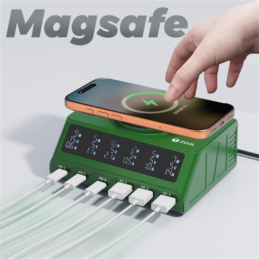 Caricatore Stazione 2UUL PC11 QI, 110W, 3A, 3 x USB-A - 3 x USB-C, Verde