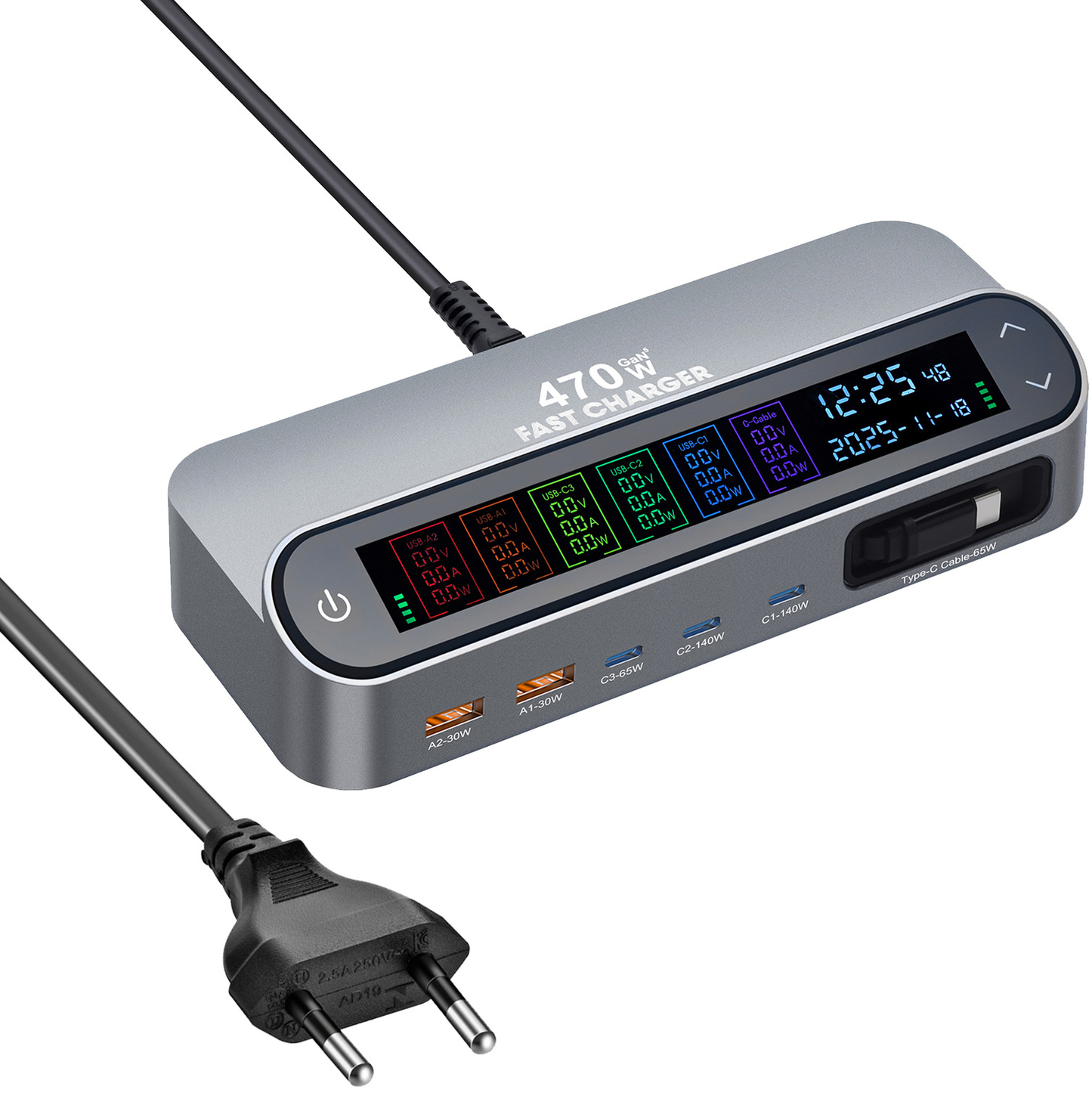 Caricatore Stazione con Cavo USB-C OEM LCD470W, 470W, 5A, 2 x USB-A - 3 x USB-C, Grigio