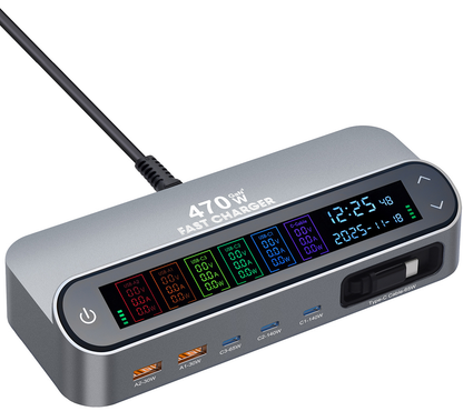 Caricatore Stazione con Cavo USB-C OEM LCD470W, 470W, 5A, 2 x USB-A - 3 x USB-C, Grigio
