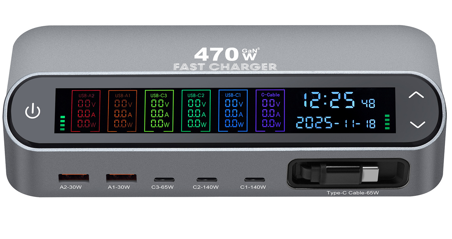Caricatore Stazione con Cavo USB-C OEM LCD470W, 470W, 5A, 2 x USB-A - 3 x USB-C, Grigio