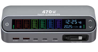Caricatore Stazione con Cavo USB-C OEM LCD470W, 470W, 5A, 2 x USB-A - 3 x USB-C, Grigio