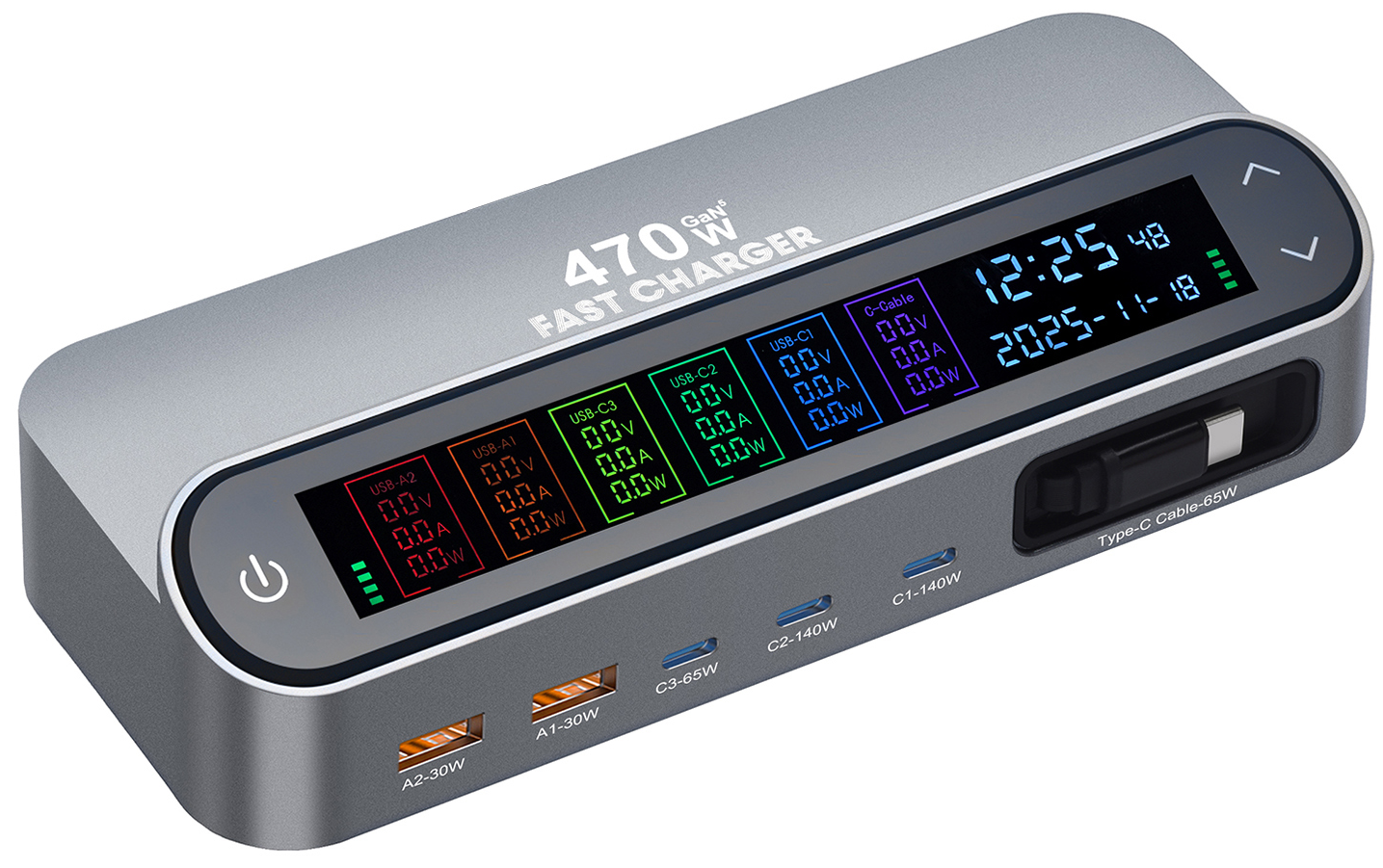 Caricatore Stazione con Cavo USB-C OEM LCD470W, 470W, 5A, 2 x USB-A - 3 x USB-C, Grigio