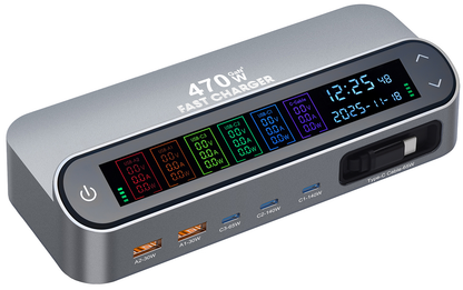 Caricatore Stazione con Cavo USB-C OEM LCD470W, 470W, 5A, 2 x USB-A - 3 x USB-C, Grigio
