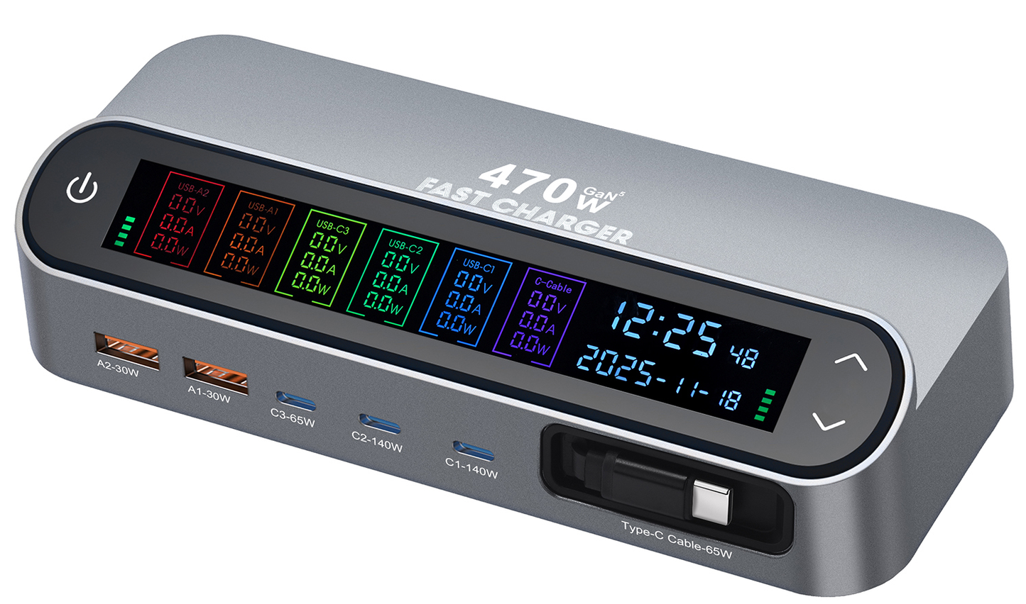 Caricatore Stazione con Cavo USB-C OEM LCD470W, 470W, 5A, 2 x USB-A - 3 x USB-C, Grigio