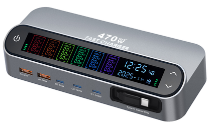 Caricatore Stazione con Cavo USB-C OEM LCD470W, 470W, 5A, 2 x USB-A - 3 x USB-C, Grigio