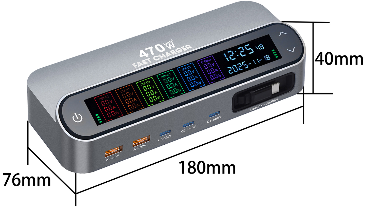 Caricatore Stazione con Cavo USB-C OEM LCD470W, 470W, 5A, 2 x USB-A - 3 x USB-C, Grigio